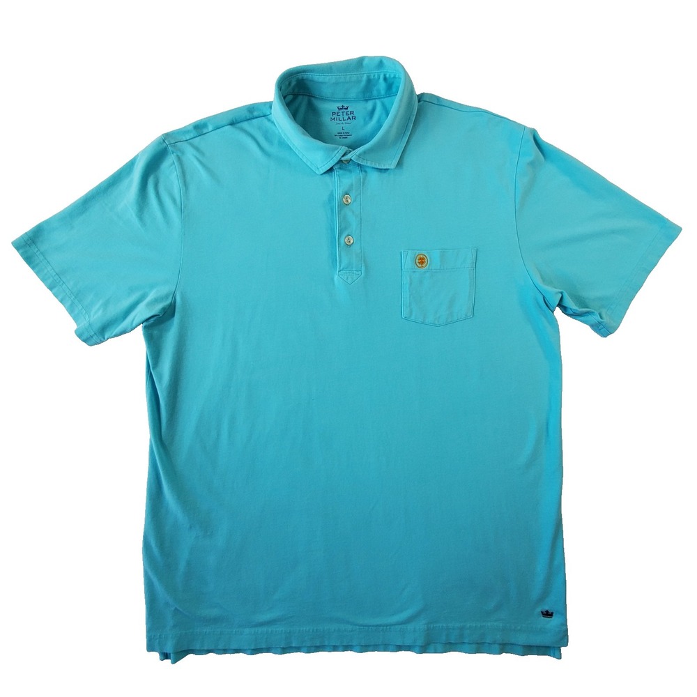 Peter Millar Seaside Wash Polo Shirt Large Aqua Blue Pocket Cotton Stretch